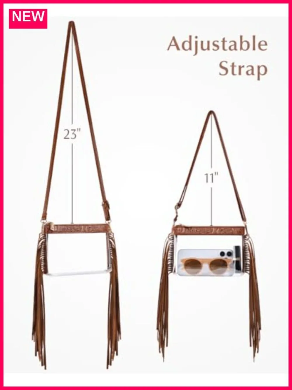 Clear Stadium Approved Crossbody Bag with Faux Leather Trim and Fringe